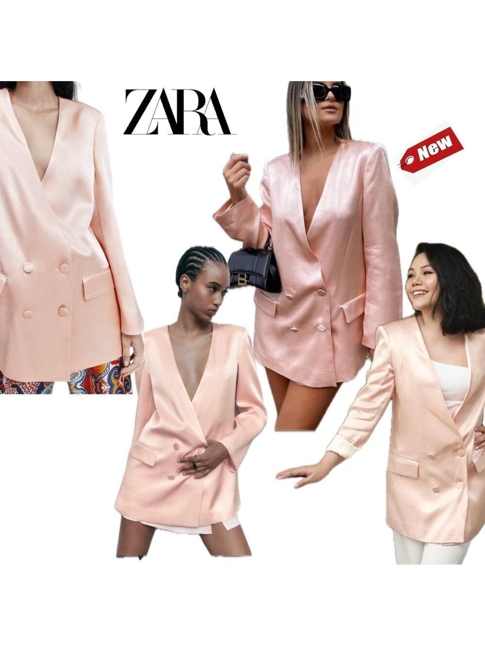Zara nude blush pink satin effect double breasted Lapelless Blazer Sz S NWT